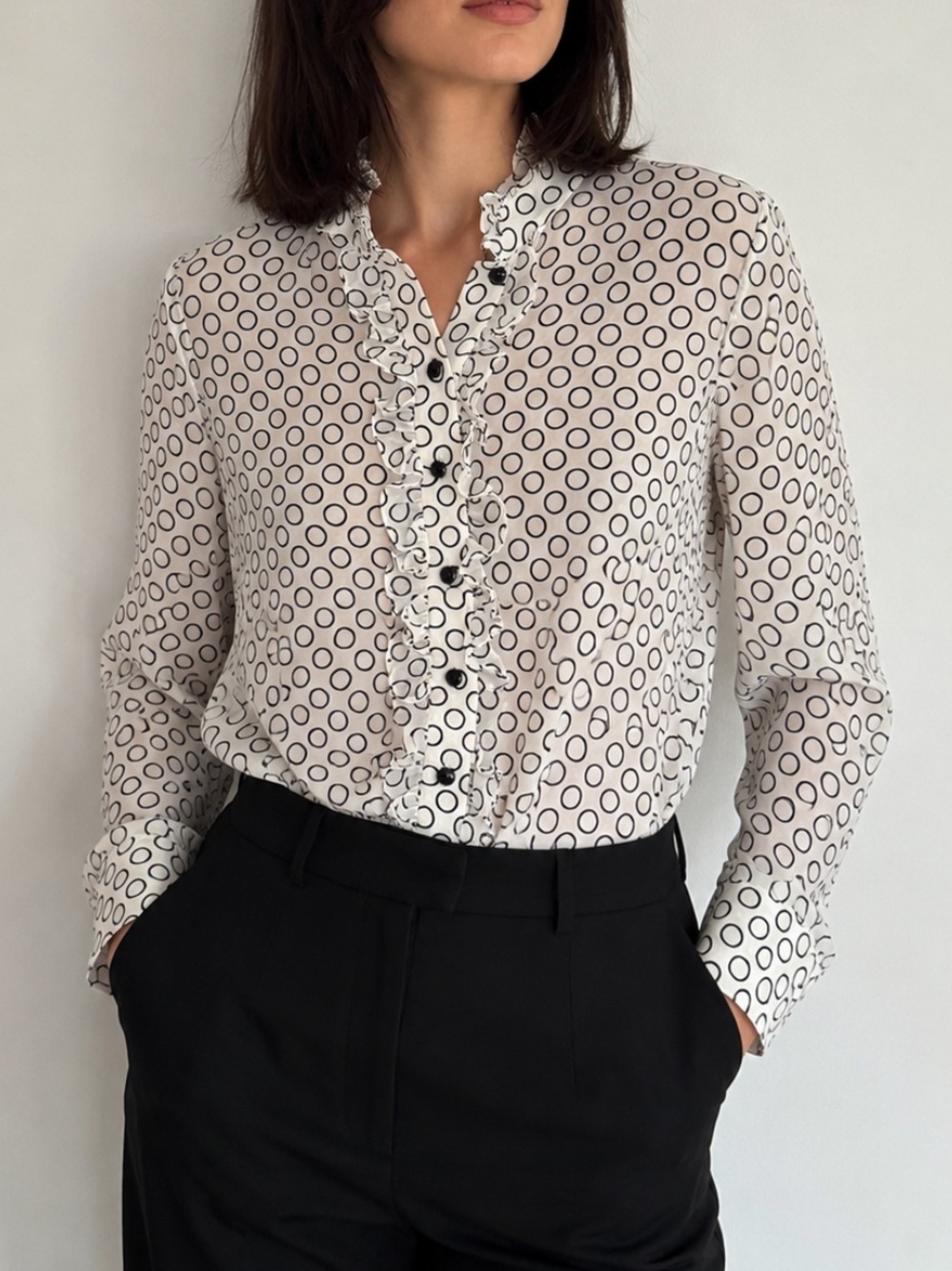 St. John Silk Circle Pattern White and Black Ruffle Trim Shirt